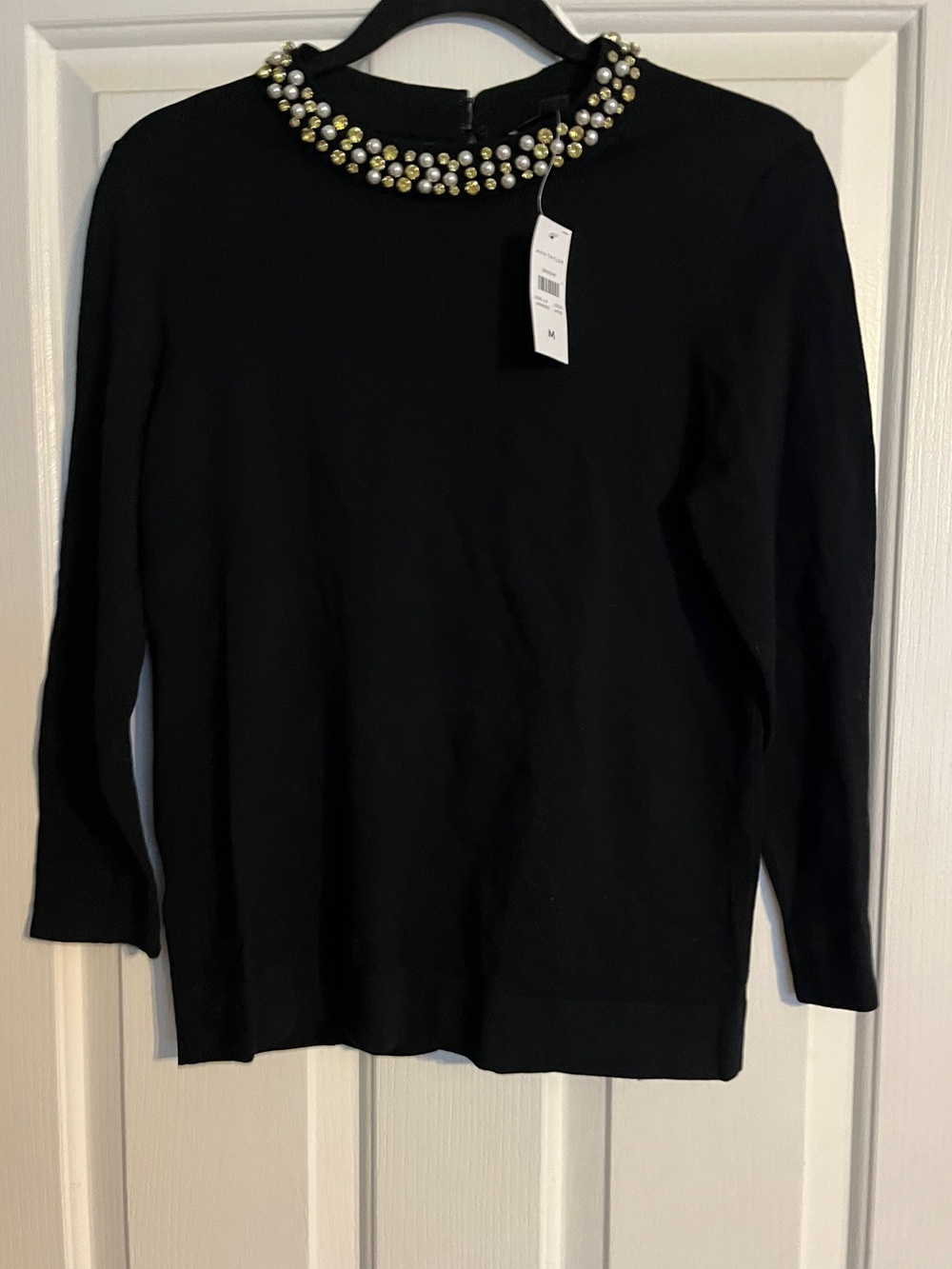 Ann Taylor Black Sweater with Pearl & Gold Beaded Collar